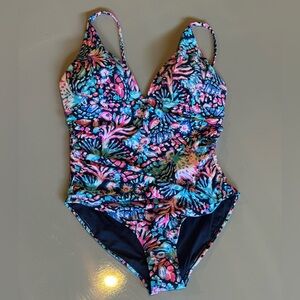 Pink and Blue One Piece Swimsuit with V-Neck and Ruching